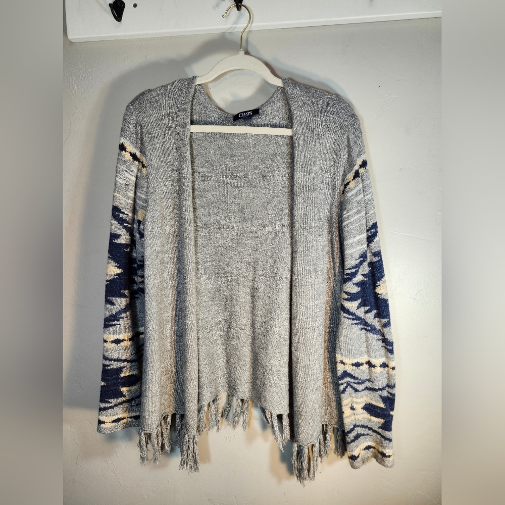 Chaps Gray and Navy Fringe Open Women's Cardigan 100% Cotton Sz L